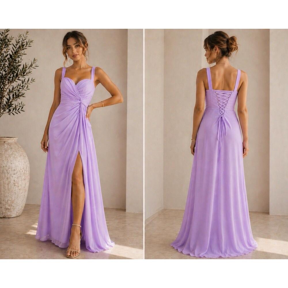 Lilac Chiffon Full Length Corset Lace Up Back Prom Formal Bridesmade Dress 4 S
